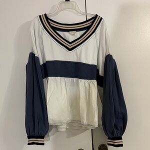 Pilcro Navy and White V-Neck Women's Top